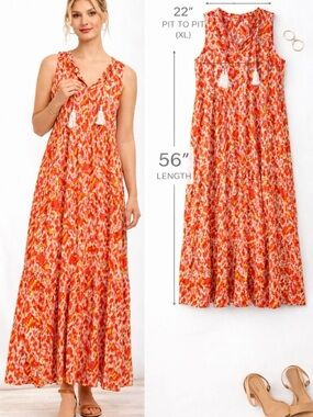 Sleeveless Orange Printed Maxi Dress with Tassel Tie